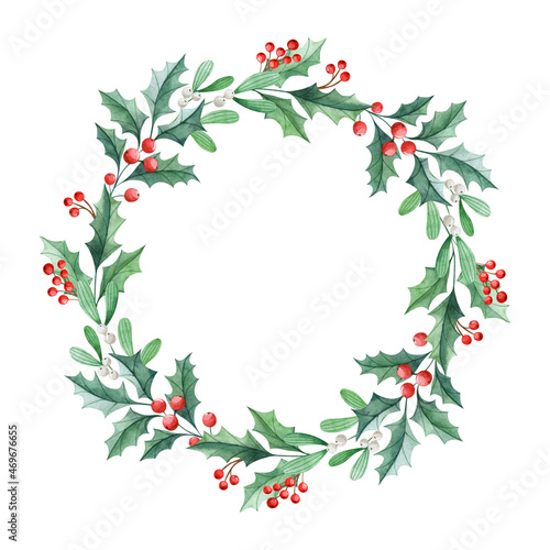 Watercolor Christmas wreath with holly and mistletoe isolated on white background. Hand drawn round frame for greeting cards and invitations. Holiday clipart.