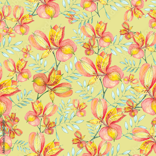 watercolor illustration seamless pattern bright red-yellow Alstroemeria flower with leaves on a dark background,for wallpaper or fabric or furniture