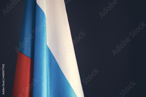 Flag Russian Federation on dark gray background, tricolor banner patriot Russia.