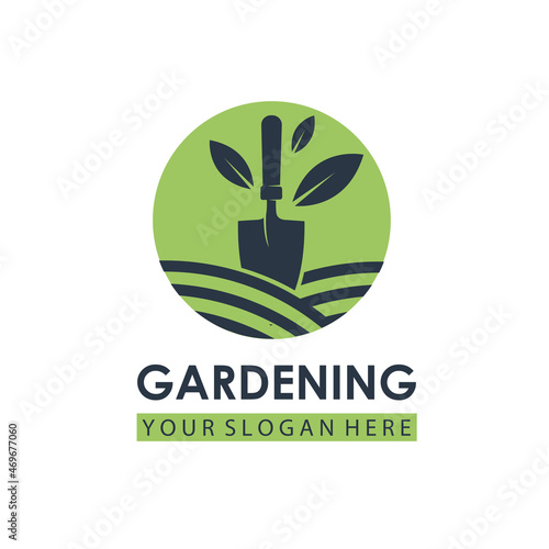 gardening emblem with trowel spade and leaves isolated on white background
