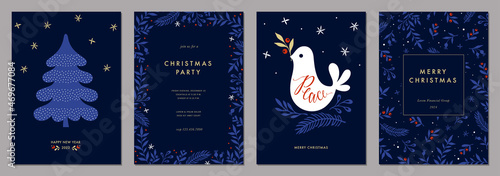 Winter Holiday cards with Christmas tree and Dove, birds, floral modern frame, background and copy space. Universal artistic templates.