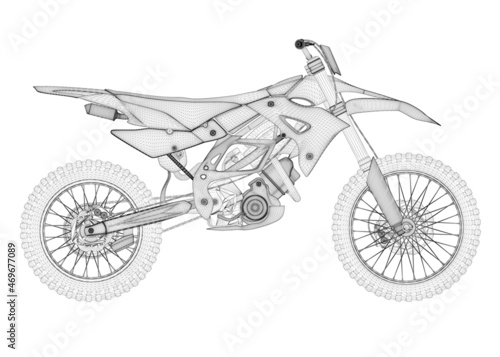 Wireframe of off-road cross motorcycle from black lines isolated on white background. Side view. 3D. Vector illustration