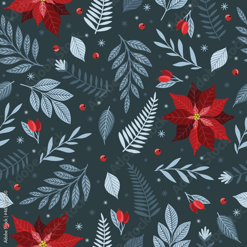 Christmas seamless pattern. Pine twigs, red berries, snowflakes. Season greeting digital paper. Winter Xmas holidays
