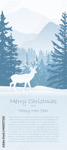 Winter landscape Christmas card. Deer in snow, forest and mountains in the background. Magical misty nature, snowflake. Merry Christmas and Happy New Year. Text insert.