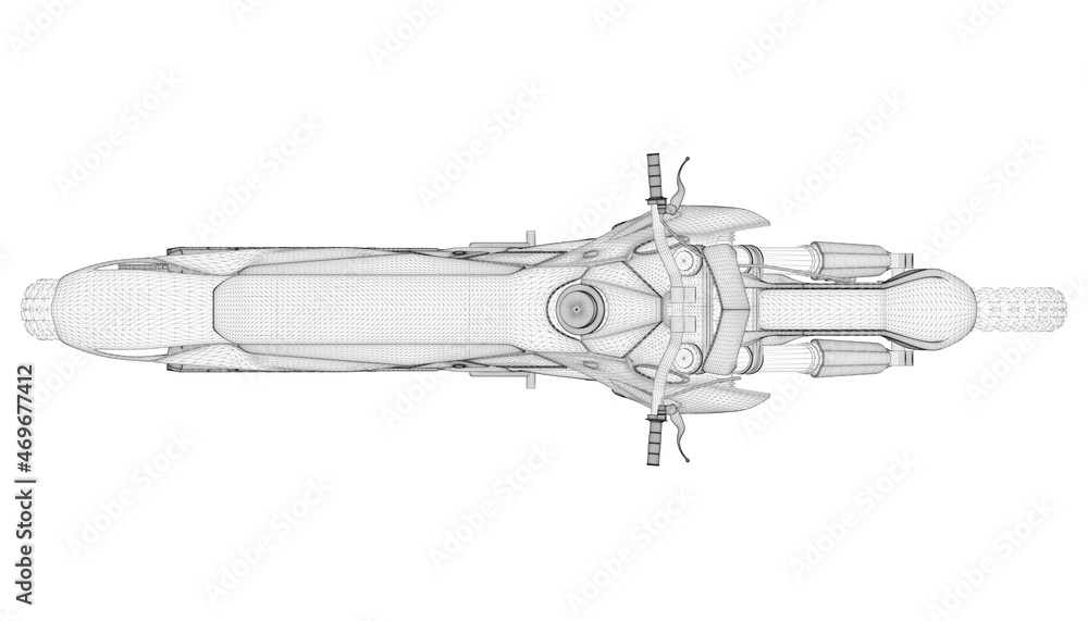 Wireframe of off-road cross motorcycle from black lines isolated on white background. View from above. 3D. Vector illustration Wireframe of off-road cross motorcycle from black lines isolated on white background. View from above. 3D. Vector illustration