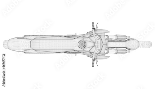 Wireframe of off-road cross motorcycle from black lines isolated on white background. View from above. 3D. Vector illustration