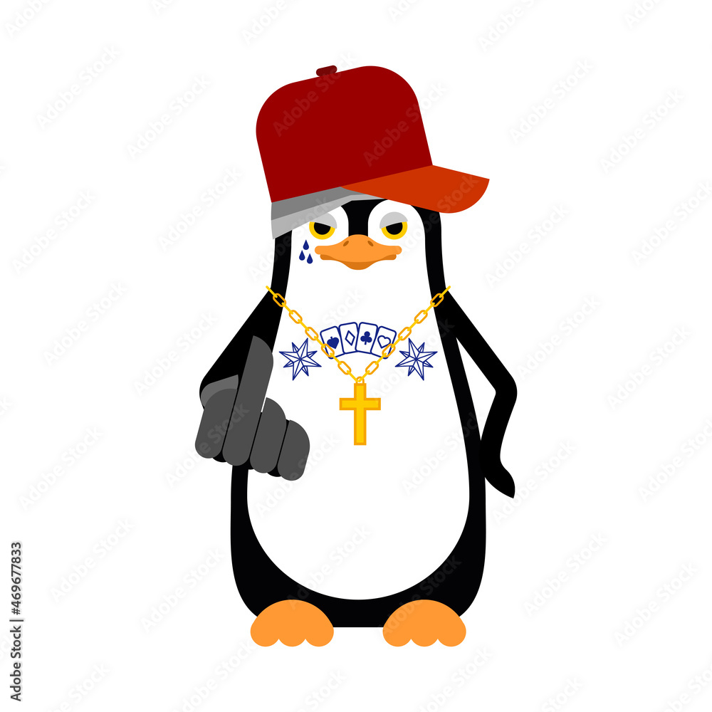 Fototapeta premium Penguin Gangsta mafia isolated. Angry seabird bully member of gang of street criminals. Tattoos and weapons, gold chain and gun