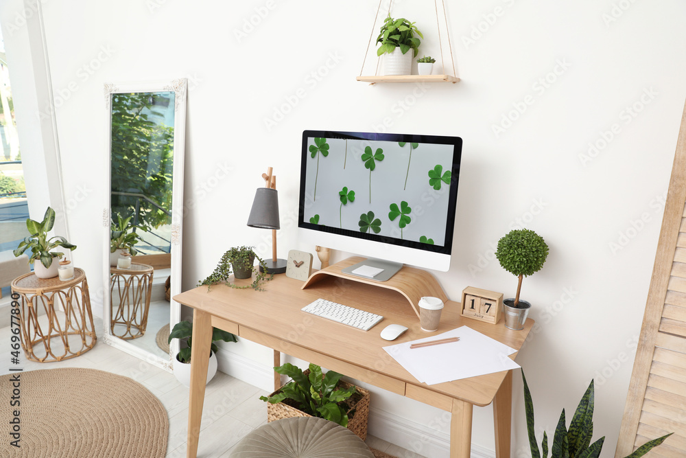 Fototapeta premium Stylish room interior with comfortable workplace. Home office