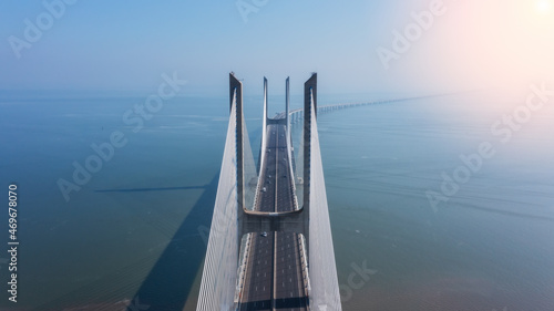 Tableau sur toile Aerial view of the most beautiful Portuguese bridge in Lisbon, Vasco da Gama