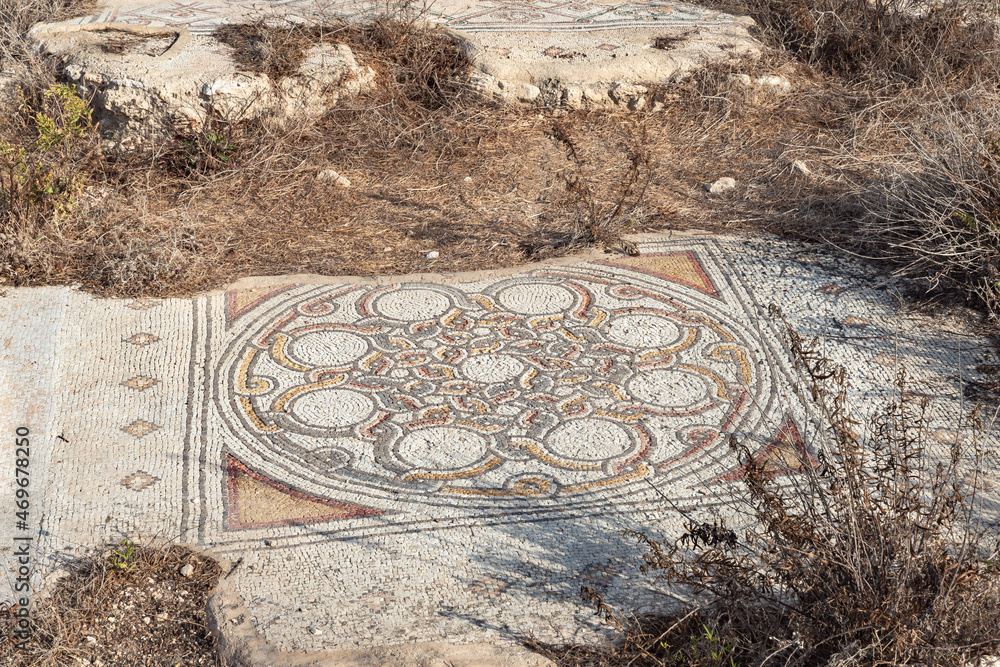 Remains  of an ancient mosaic of a 6th-century Orthodox church at Tel Shikmona, on the shores of the Mediterranean Sea, near Haifa city, on north of Israel
