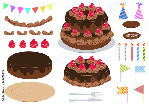バースデーチョコケーキ素材セットイラスト