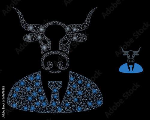 Glossy polygonal mesh net cow boss icon with glitter effect on a black background. Network cow boss iconic vector with glitter dots in bright colors. Abstract 2d mesh is designed with polygonal grid,