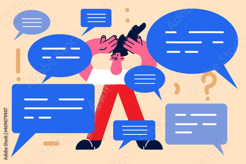 Anxious man distressed with notifications on internet 