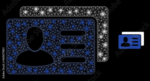 Glossy polygonal mesh net user account cards icon with glare effect on a black background. Wire frame user account cards iconic vector with glamour dots in bright colors.