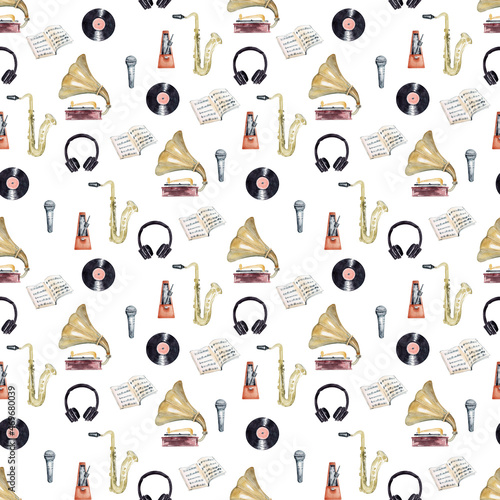 Watercolor seamless pattern with retro musical instruments