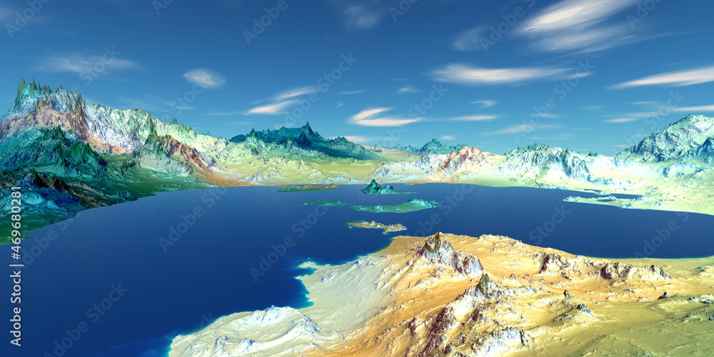 Obraz premium Alien Planet. Mountain and lake. 3D rendering
