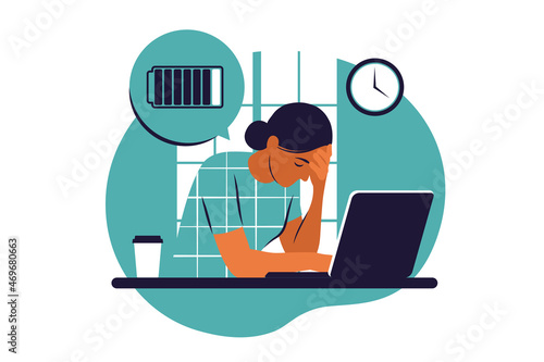 Tiredness concept. Professional burnout syndrome. Woman manager sitting at the office. Vector illustration. Flat