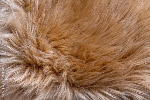 Trendy brown artificial fur texture. Fur pattern top view. Brown fur background. Texture of beige shaggy fur. Wool texture. Flaffy sheepskin close up