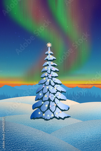 Christmas tree on a background of a winter landscape, aurora borealis