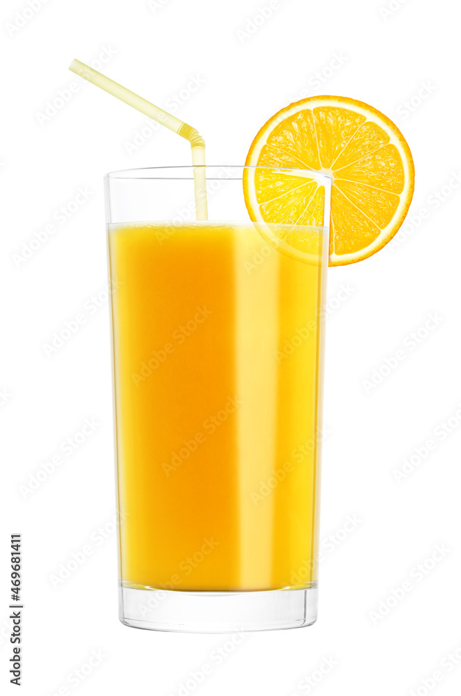Glass of fresh orange juice with straw and orange slice on white background with clipping path Glass of fresh orange juice with straw and orange slice on white background with clipping path