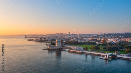 Aerial view of the Portuguese Historical Folk Patrimony, Belem Tower, on the Tagus River. During sunset.