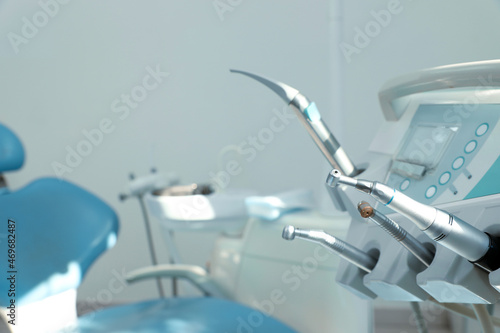 Set of professional equipment in dentist's office, space for text