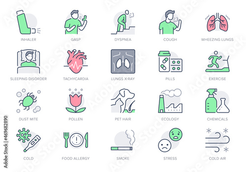 Asthma line icons. Vector illustration include icon - inhaler, cough, pollen, dust, lung, flu, xray, tachycardia, breath outline pictogram for allergen. Green and red color, Editable Stroke
