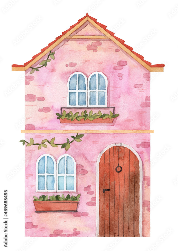 Hand painted watercolor pink house facade. Front view cottage with rounded  windows and green plants in pot. Wooden door and tile roof. Mediterranean  cute house. Greeting card and wall art Stock Illustration |