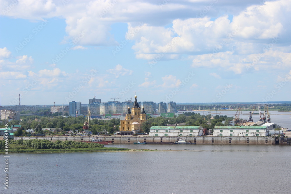 Nizhniy Novgorod. View of the city from the Volga river. In the center is an Orthodox church.