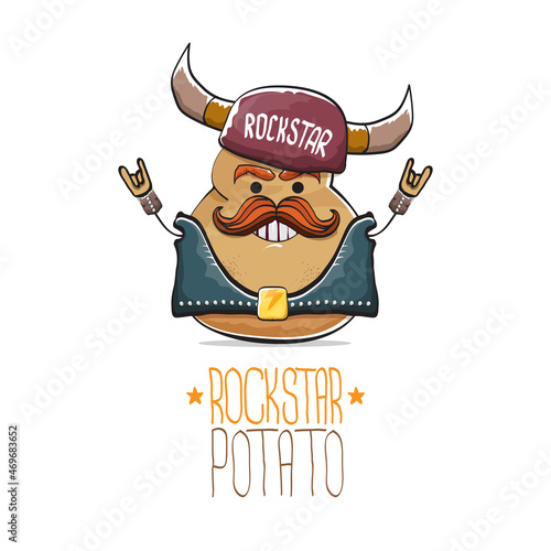 vector rock star potato funny cartoon cute character with viking helmet, leather jacket, sunglasses and moustache isolated on white background. rock n roll hipster vegetable funky character