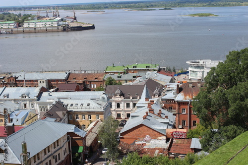 Nizhniy Novgorod. View from the hill to the city, the river port and the Volga river.