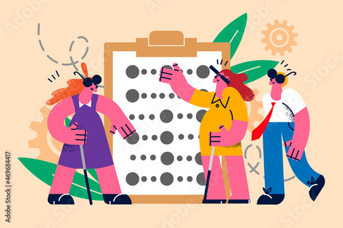 Disabled people learn reading by braille alphabet 