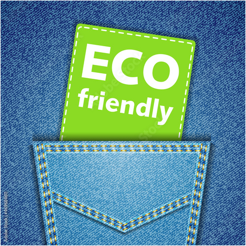 Eco friendly tag. Blue back jeans pocket realistic denim texture