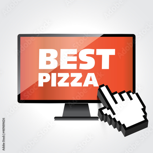 High-quality computer display, monitor screen with the label Best Pizza. Special offer. Marketing concept.