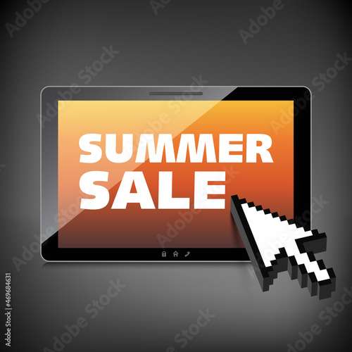 Summer sale words. Markdown, discount on High-quality tablet screen. Reduced Prices. Special offer. Shopping badge with percentage discount.