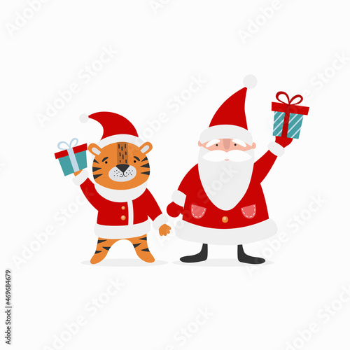 Cute tiger and Santa Claus with New Year's gifts. Cute New Year characters, cards, decor, congratulations. The symbol of the new year according to the eastern calendar. © Elena Titova