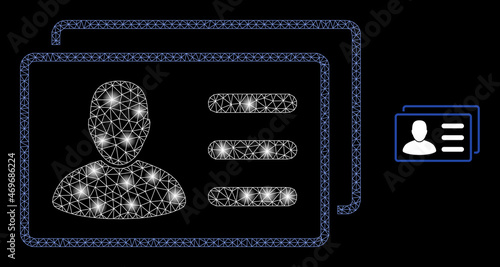 Glossy polygonal mesh web user cards icon with glare effect on a black background. Wire frame user cards iconic vector with glitter spheres in bright colors.