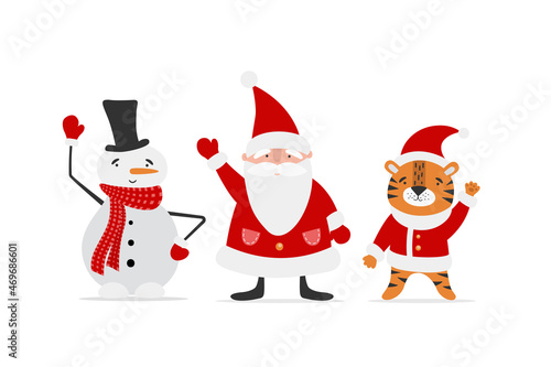 Collection of Christmas and new year characters for you design. Snowman, Santa claus and tiger on white background. © Elena Titova