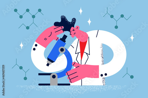 Man scientist look in microscope make experiments 