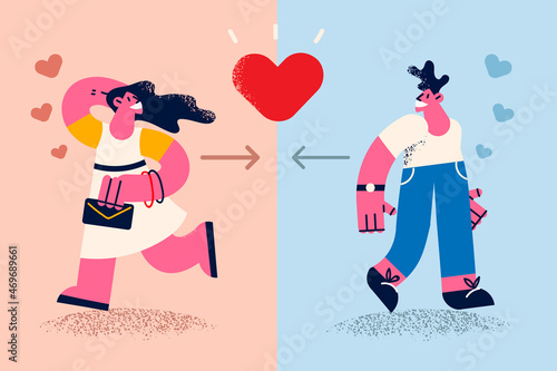 Smiling man and woman fall in love outdoor