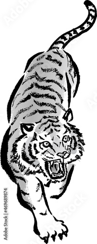 水墨画風に描かれた猛虎 モノクロ ベクター
