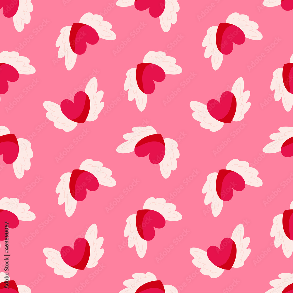 Seamless pattern with red hearts and wings on a pink background. Vector endless texture for Valentine's Day Seamless pattern with red hearts and wings on a pink background. Vector endless texture for Valentine's Day
