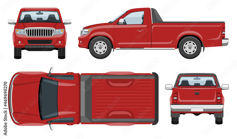 Red pickup truck vector template with simple colors without gradients and effects. View from side, front, back, and top - obrazy, fototapety, plakaty 