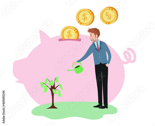 A businessman watering the money plant for growing investment concept. Growth investment concept. Good money management. Money tree and piggy bank. Isolated vector.