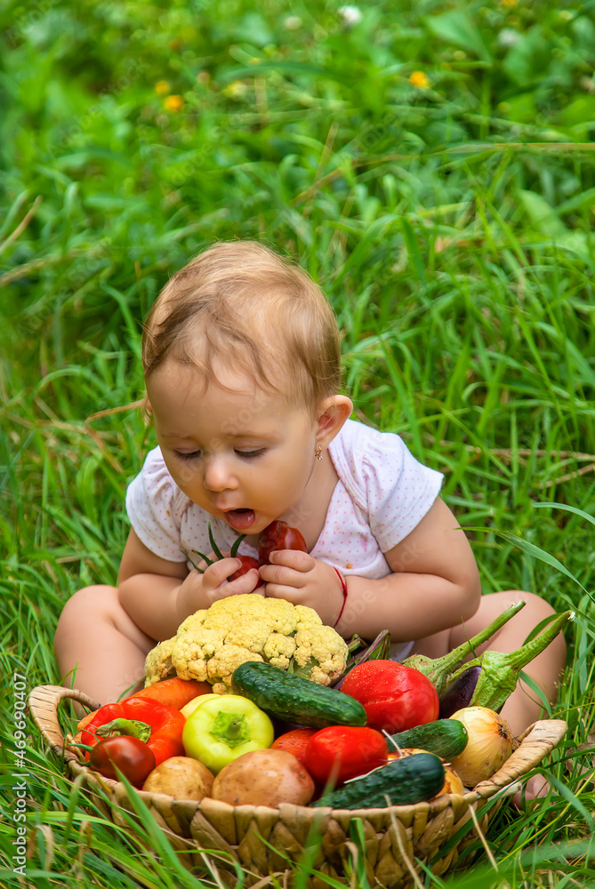 The child holds vegetables in his hands. Selective focus. The child holds vegetables in his hands. Selective focus.