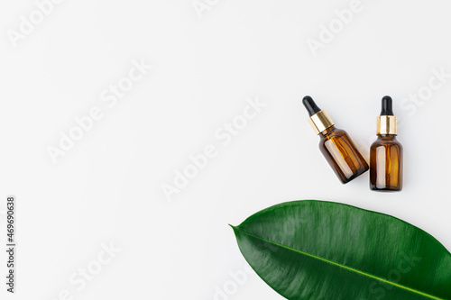 Essential oil in a small bottle with green leaf on white background