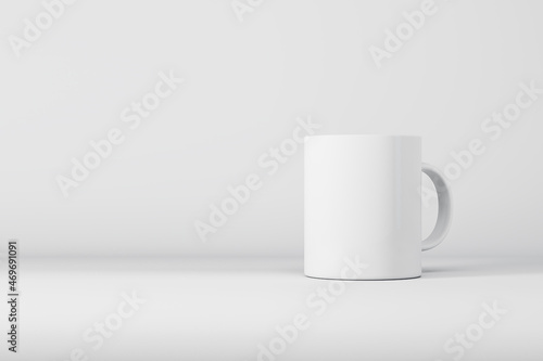 Blank white mug or cup on light background with mock up place for your advertisement. 3D Rendering.