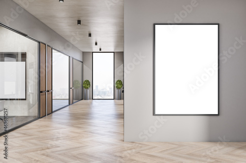 Modern concrete and wooden office interior corridor with empty white mock up billboard on wall  glass partition and furniture  daylight  window with city view. Workplace concept. 3D Rendering.