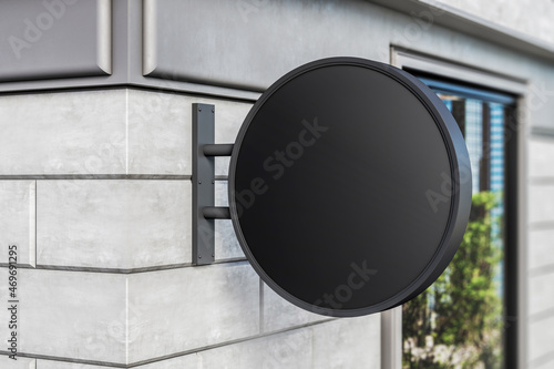 Empty black round stopper on concrete tile wall. Restaurant advertisement and banner concept. Mock up, 3D Rendering. photo