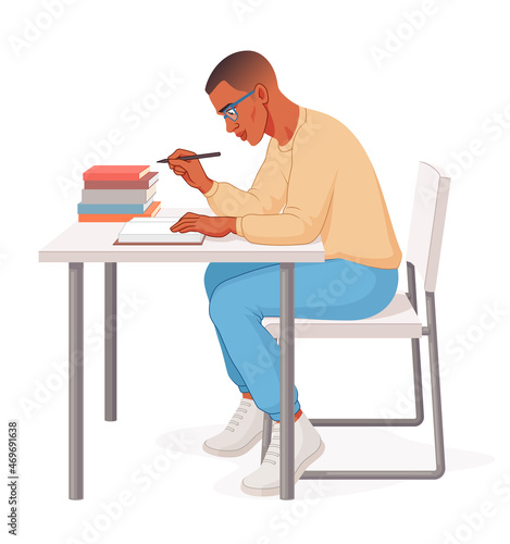 African American student sitting at desk reading a book. Young man studying preparing for exams. Vector illustration.